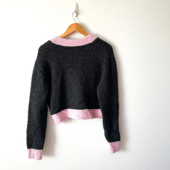 Zara Cropped Knit Contrast Hem Cardigan Grey Pink Size Medium - Picture 6 of 8